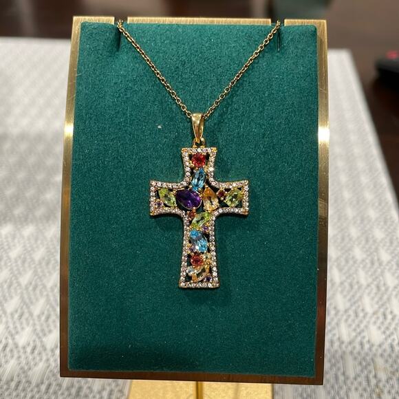 18 Kt Yellow Gold Over Sterling Silver with Multi Gem & CR Sapphire - Picture 1 of 4